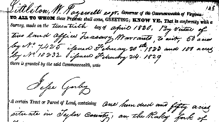 Jesse Gorby Land Patent, 1834